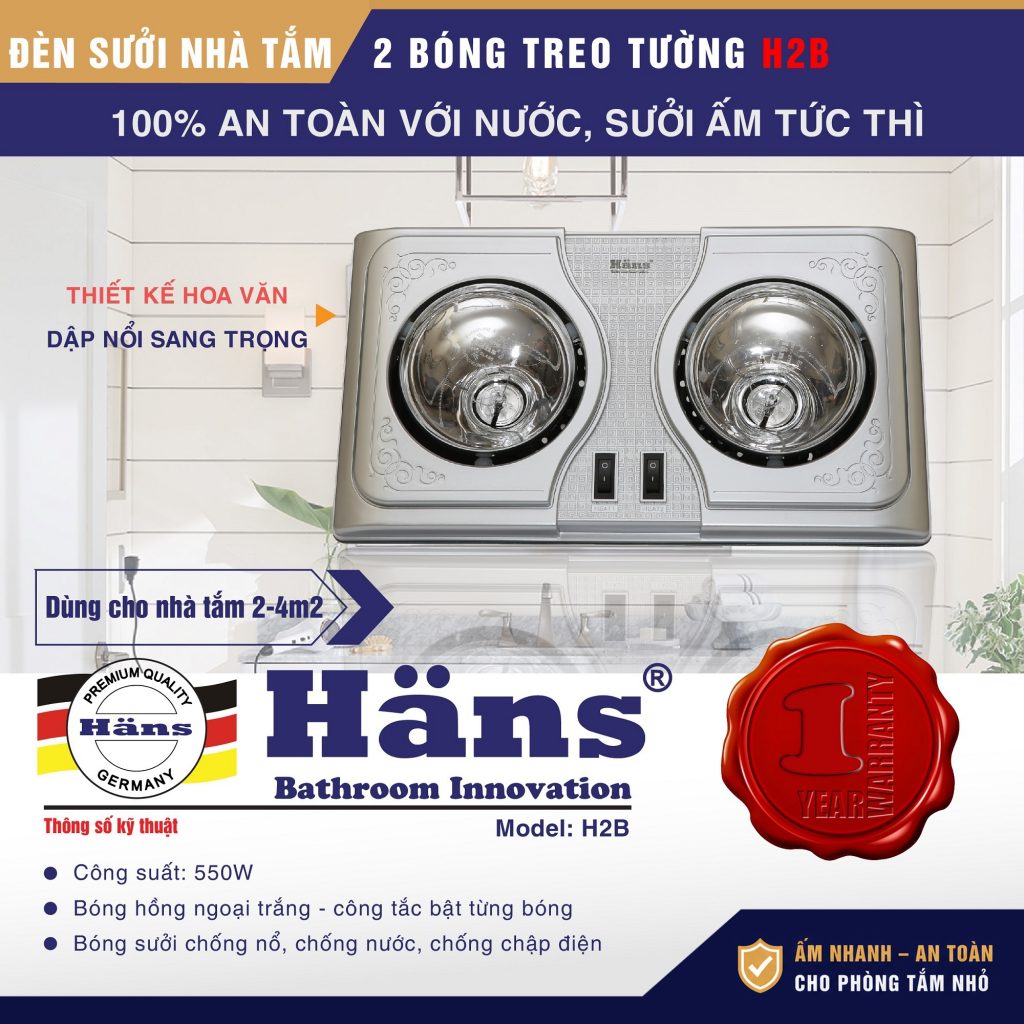 Đèn sưởi nhà tắm 2 bóng Hans