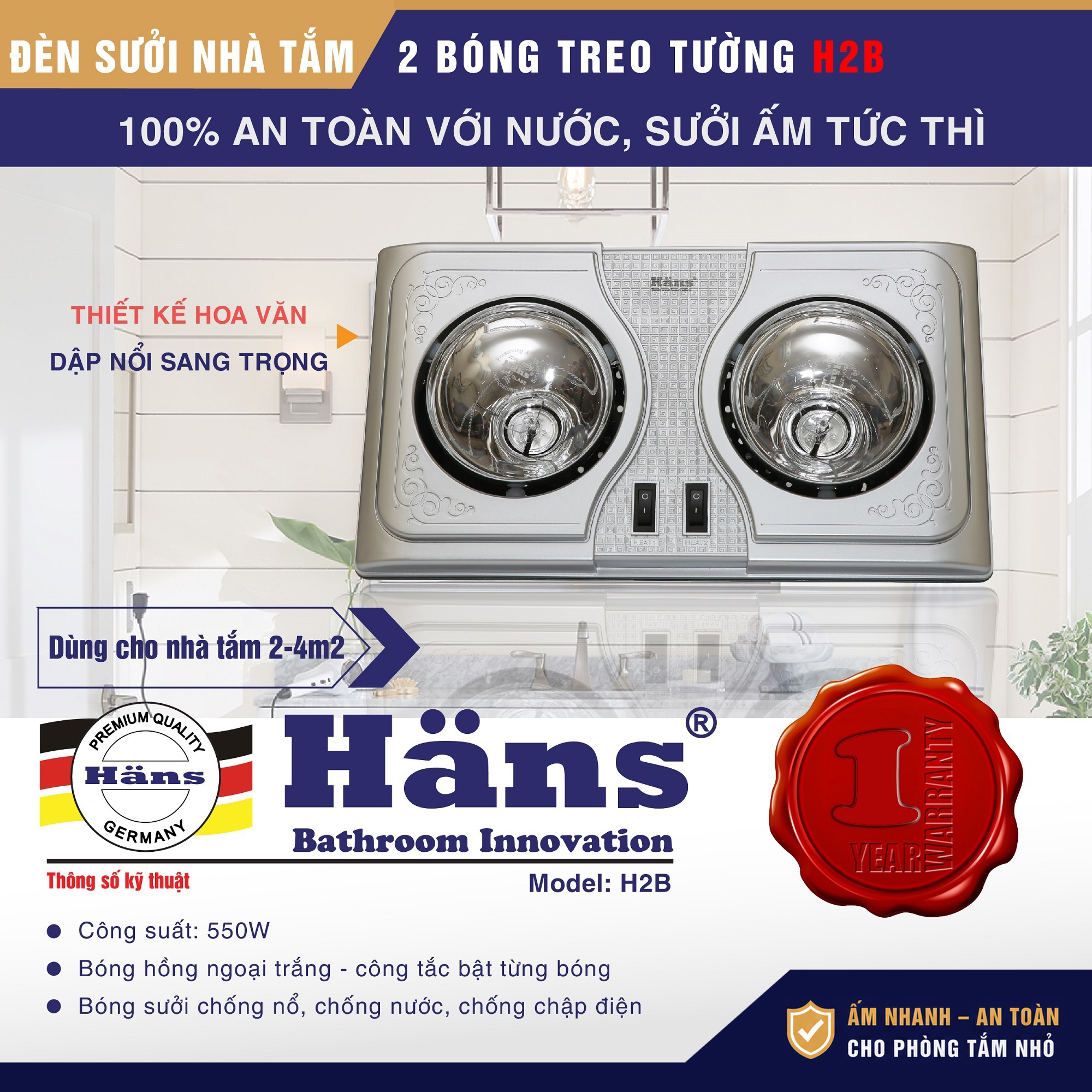Đèn sưởi nhà tắm 2 bóng Hans
