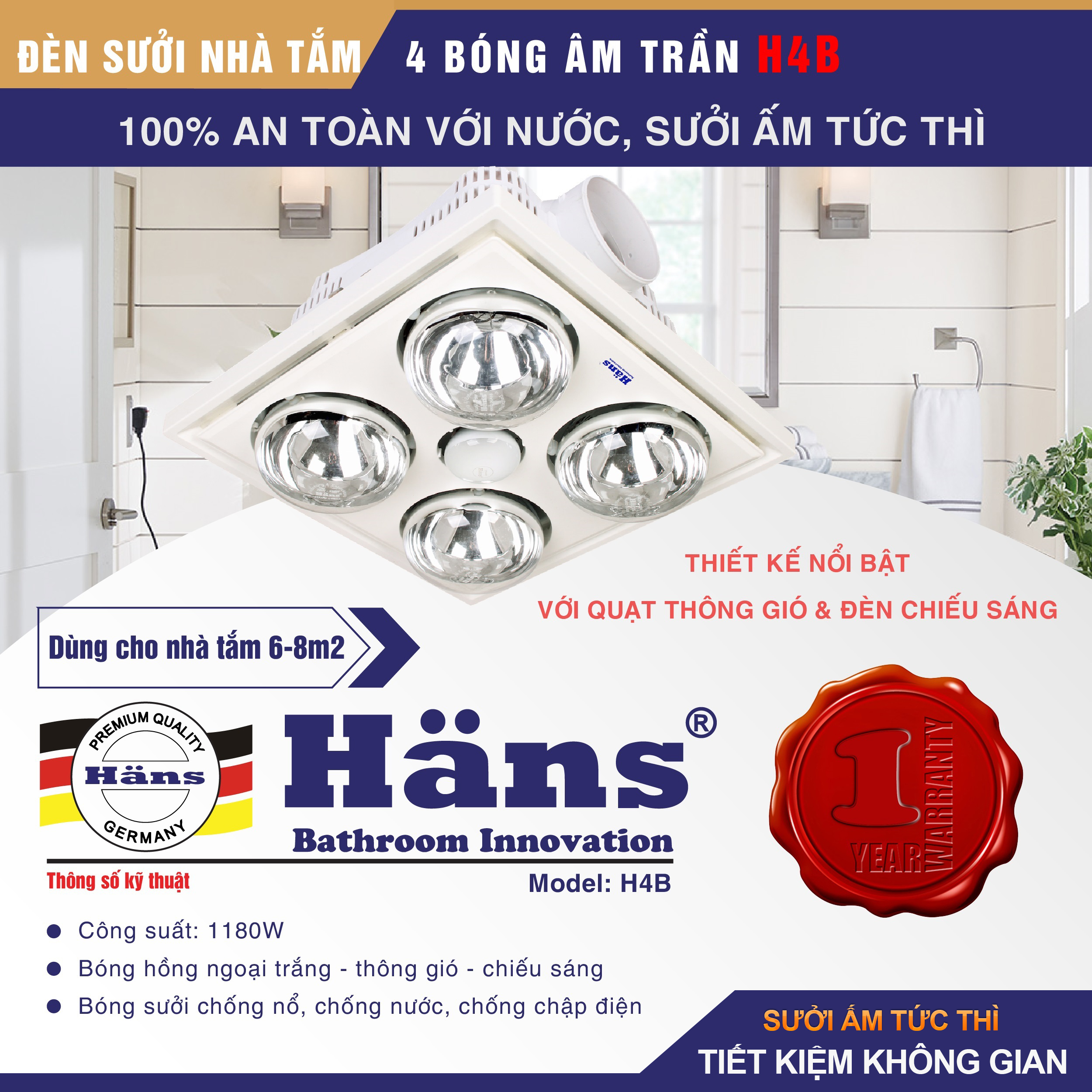 đèn sưởi 4 bóng âm trần Hans
