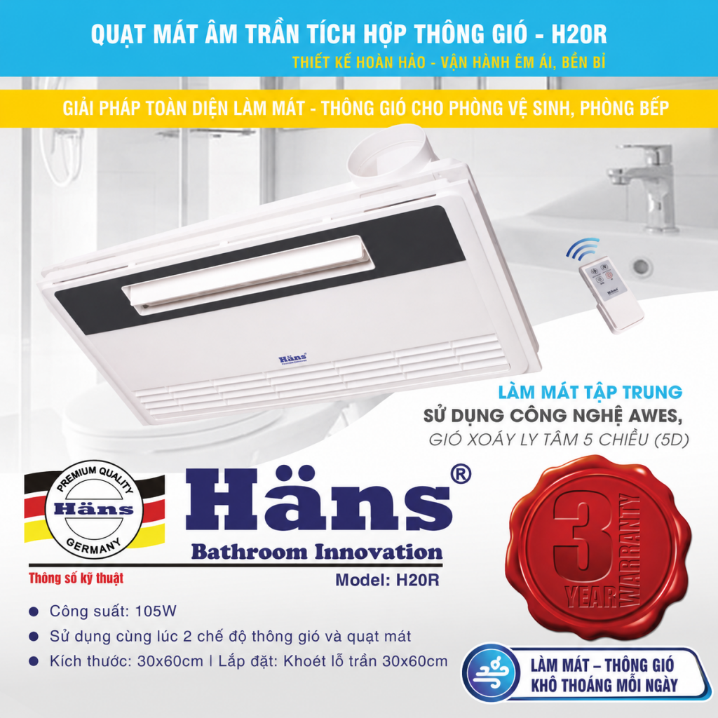 Quạt mát âm trần tích hợp thông gió